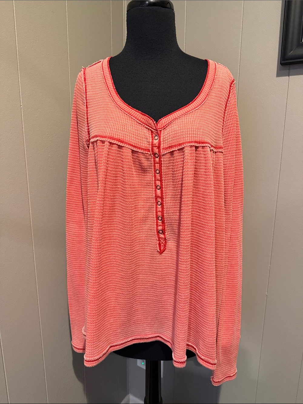 We The Free Coral Pink Long Sleeve Waffle Henley Top